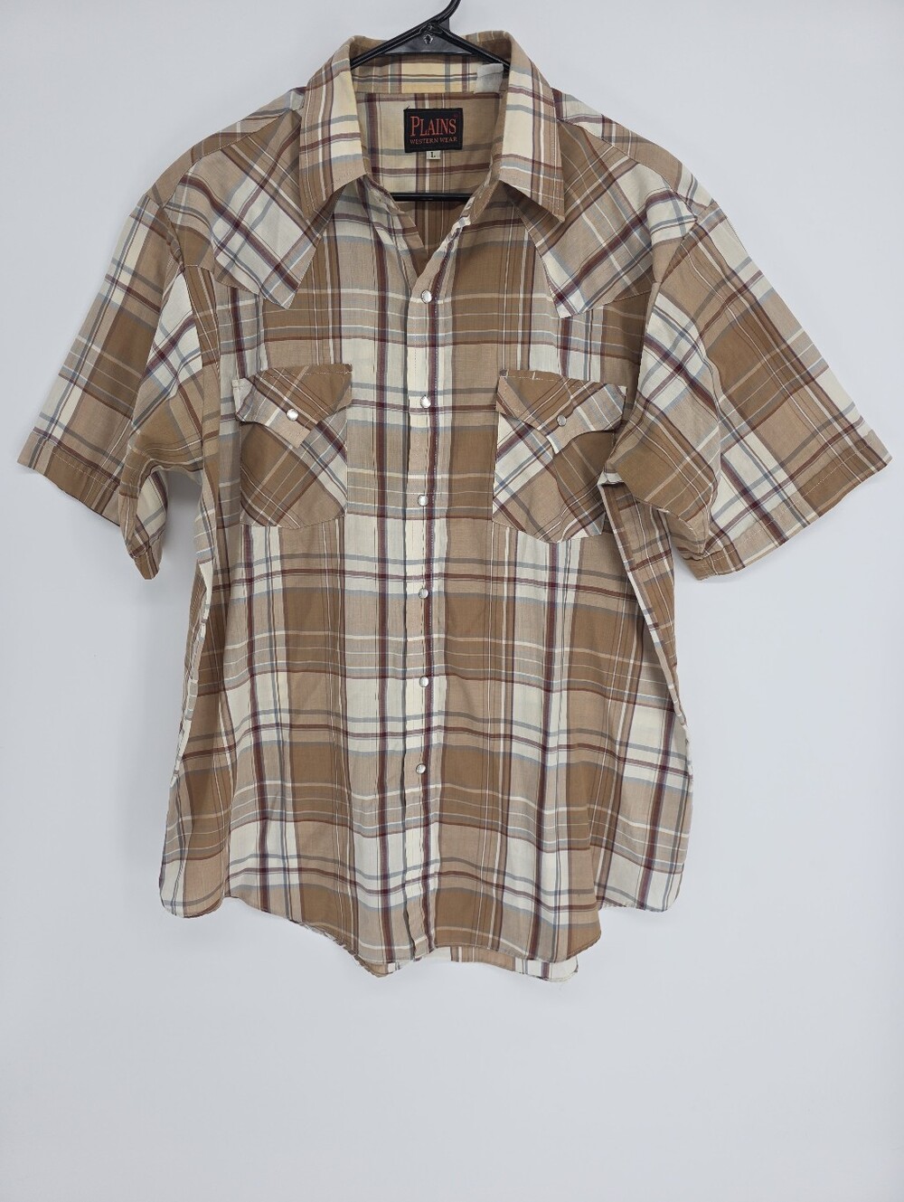 Mens Plains Western Wear Shirt Vintage Brow Plaid Size Large Pearl Snap Buttons